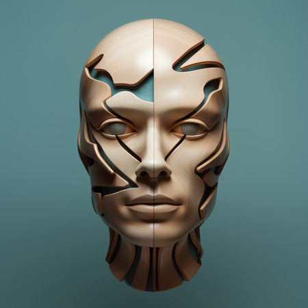 3d rendering of a female face with a metal face mask on a blue backgroundの素材