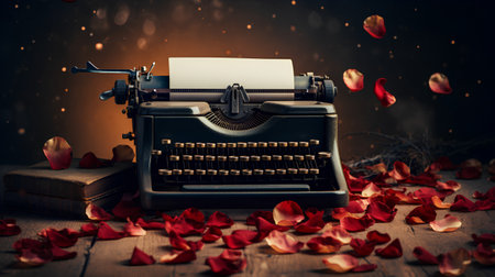 Vintage typewriter on a wooden table with red rose petalsの素材