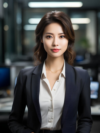 Portrait of happy smiling young business woman in office, asian beautyの素材
