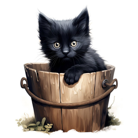 Cute black kitten sitting in a wooden bucket. Vector illustration.の素材