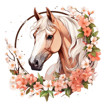 Horse head with sakura flowers wreath. Vector illustration.の素材