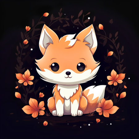 Cute cartoon fox with flowers on dark background. Vector illustration.の素材
