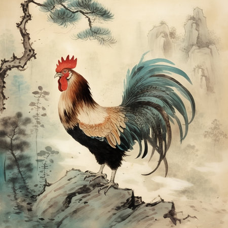 Rooster on the rock. Hand drawn illustration. Vintage style.の素材