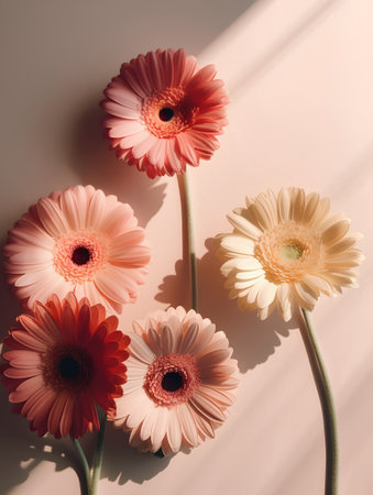 Three gerbera daisies on pastel pink background.の素材
