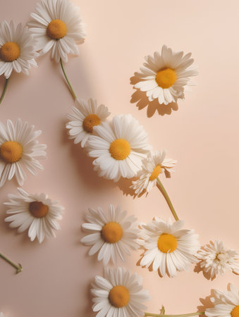 White daisies on a pastel background. Flat lay, top view.の素材