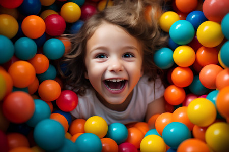 Portrait of a happy little girl playing with colorful balls. The concept of childhood and fun.の素材
