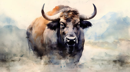 Watercolor painting of a bull on a background of the mountains.の素材