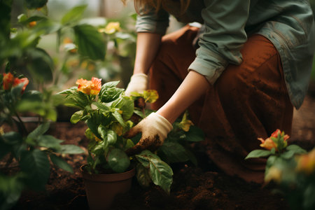 Gardening concept. Closeup of female gardener planting seedlings in potsの素材