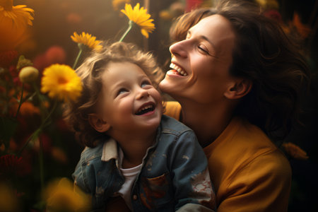 Mother and daughter in the flower garden. Happy family. Motherhood.の素材