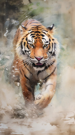 Watercolor painting of a tiger in the jungle. Print for T-shirt.の素材