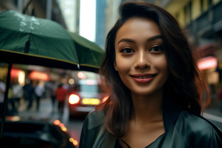 Portrait of a beautiful young asian woman in the city.の素材