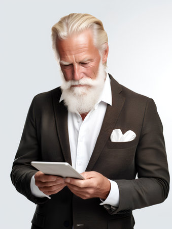 Handsome senior man using a digital tablet. Gray background.の素材