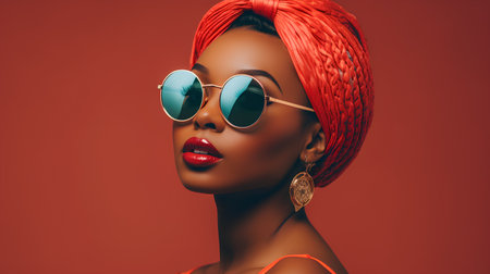 Beautiful african american woman in sunglasses on red background.の素材