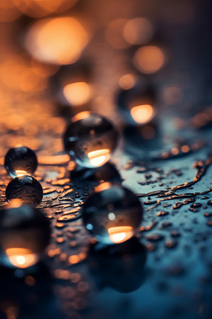 Water drops on a glass surface. Water drops on glass surface with reflection.の素材