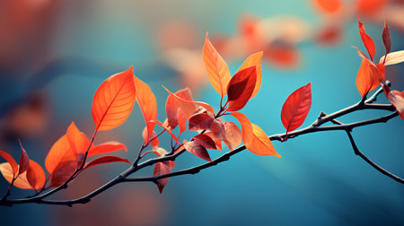 Autumn background with red and orange leaves on a tree branch.の素材