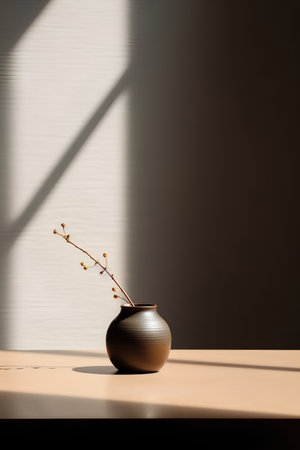 Ceramic vase with dry branch on table in sunlight.の素材