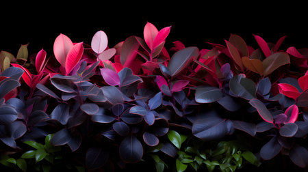Beautiful red and purple ficus leaves on a black background.の素材