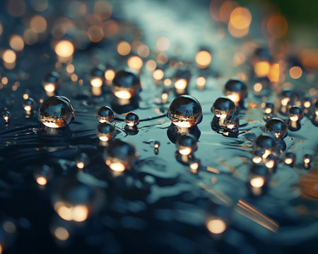 Water drops with reflection and bokeh effect. Abstract background.の素材