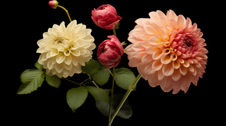 dahlia flowers isolated on black background. dahlia flower top viewの素材