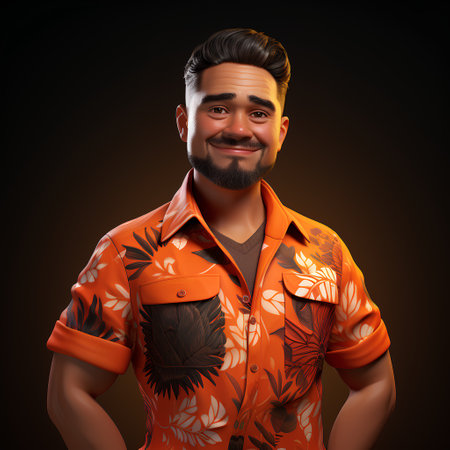 Portrait of a handsome man in an orange shirt on a dark background.の素材