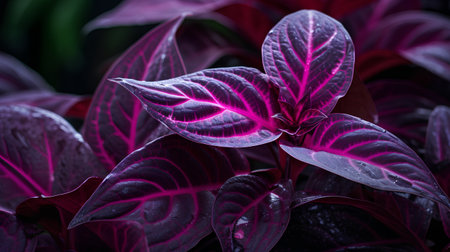 Purple leaves of caladium, ornamental plant, close upの素材