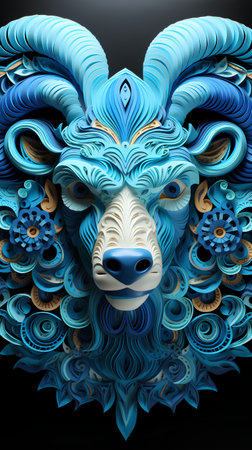 Abstract color illustration of the head of a goat with blue patterns on a black backgroundの素材