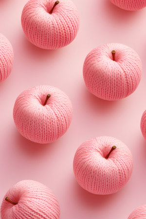 Seamless pattern made of pink knitted apples on pink backgroundの素材