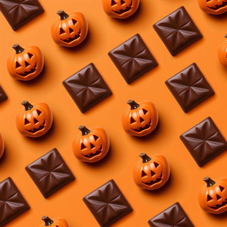 Halloween seamless pattern with chocolate candies and pumpkins on orange backgroundの素材