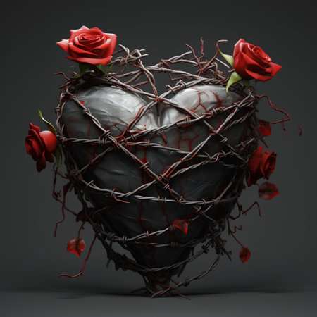 Black heart made of barbed wire with red roses on black backgroundの素材