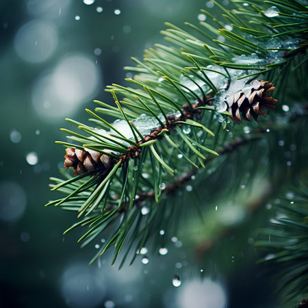 Pine branch with snow and pine cone on blurred background. Winter background.の素材