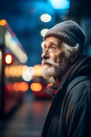 Portrait of an old man with a gray beard standing in the city at night.の素材
