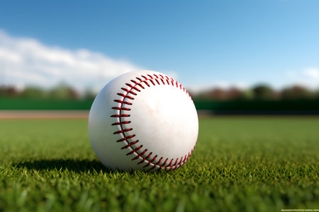 Baseball ball on green grass field with blue sky background. Vector illustration.の素材