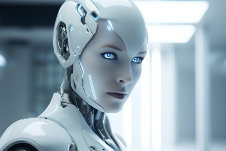 3d rendering humanoid robot with artificial intelligence in blue light background.の素材