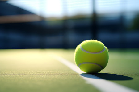 Tennis ball on the tennis court. Close up. Selective focus.の素材