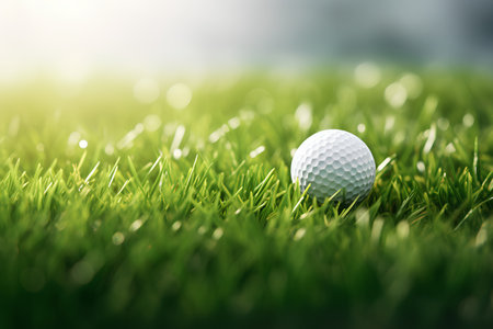 Golf ball on green grass, close up. Sport background.の素材