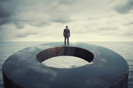 Businessman standing on the edge of a concrete column over the seaの素材