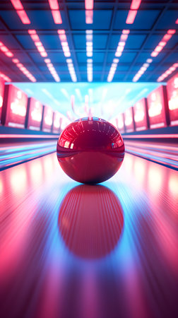 3d rendering of a red ball in a corridor with neon lightsの素材