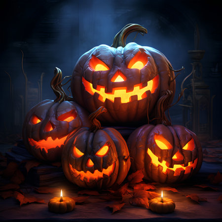 Halloween pumpkins with candles on dark background, 3d renderの素材