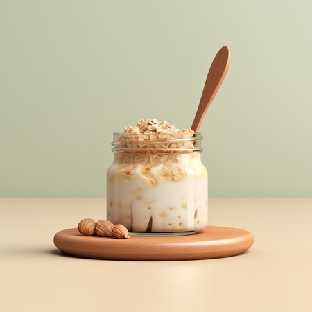 Healthy breakfast. Oat flakes in glass jar with wooden spoon on pastel background. 3d renderの素材