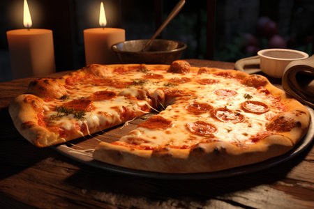 Pizza with mozzarella cheese and tomato on a wooden tableの素材