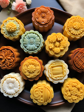 Traditional mooncakes of different shapes and colors on a plate, top viewの素材