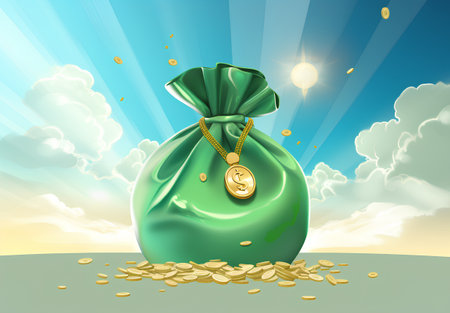 Green money bag with golden coin in the sky. Vector illustration.の素材