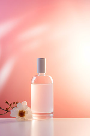Perfume bottle with white flower on pastel gradient background.の素材