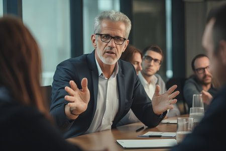 Serious mature businessman talking to colleagues during meeting in office. Mature man in glasses gesturing and looking at camera. Teamwork conceptの素材