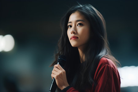 Beautiful asian woman singing in a karaoke club.の素材