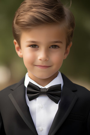 Portrait of a cute little boy in a black suit and bow tieの素材