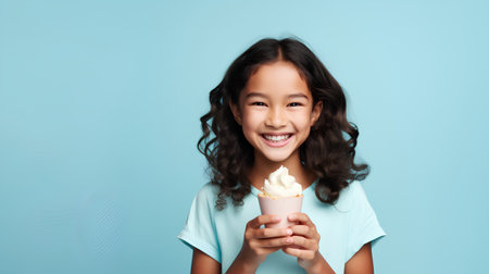 happy asian girl holding ice cream cone and smiling at camera isolated on blueの素材