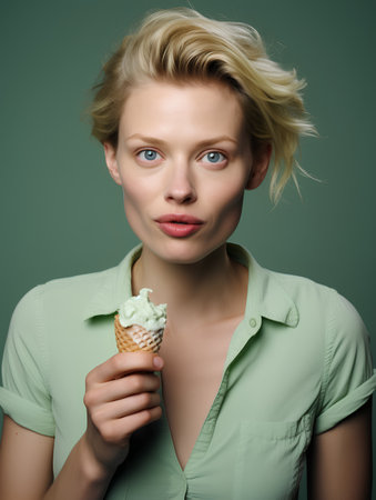 Portrait of young woman with ice cream in waffle cone.の素材