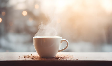 Coffee cup on the wooden table with bokeh backgroundの素材