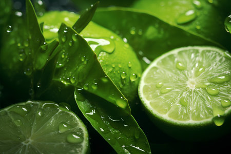 Fresh lime with water drops on a green background. Close-up.の素材